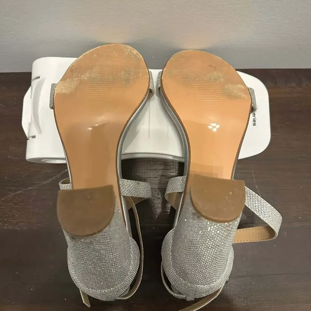 IDIFU Grace Strappy Block Heels Sandals Open Toe Cross Strap Glitter Silver US8